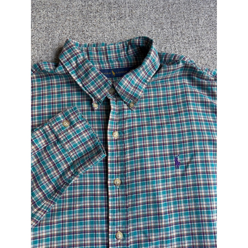 Ralph Lauren Shirt Mens XXL Teal Plaid Button Down‎ Long Sleeve Pony Logo Cotton
